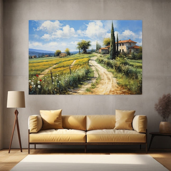 Stone villa above a country lane with green fields, cypress trees and wildflowers