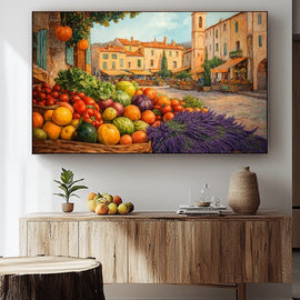 Provencal market square with piled fruit, vegetables and lavender by stone houses