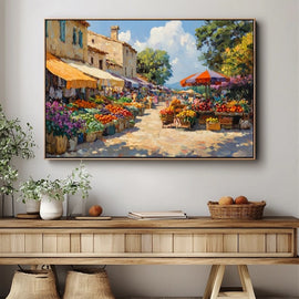 Impressionist painting of a colourful Provencal market street