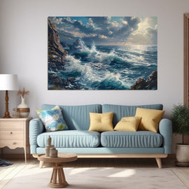 Painting of crashing waves against a rocky coastal headland under cloudy sky