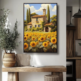 Oil painting of a stone farmhouse and cypress trees above a field of golden sunflowers