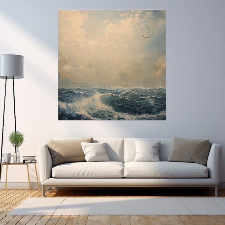 Soft muted painting of calm sea waves with a seagull under a hazy sky