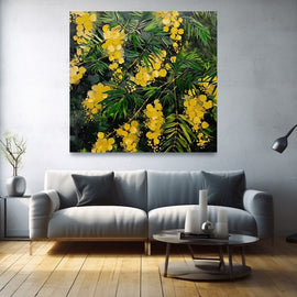 Painting of golden mimosa blossoms against deep green foliage