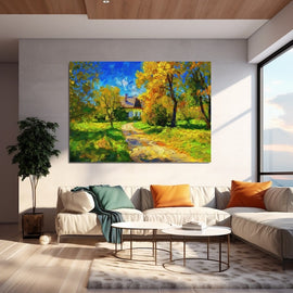 Impasto painting of a white cottage among autumn trees