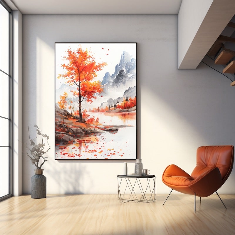 Watercolour painting of an autumn maple by a misty mountain lake