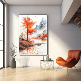 Watercolour painting of an autumn maple by a misty mountain lake