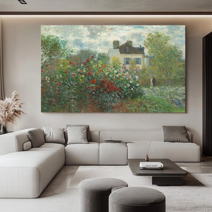 Impressionist garden in full bloom with crimson and gold dahlias before a pale country house