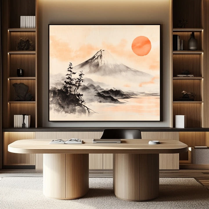 Japanese ink wash Mount Fuji painting with coral sunset, vermilion sun and wind-bent pine