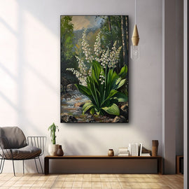 Lily of the valley flowering beside a sunlit forest stream