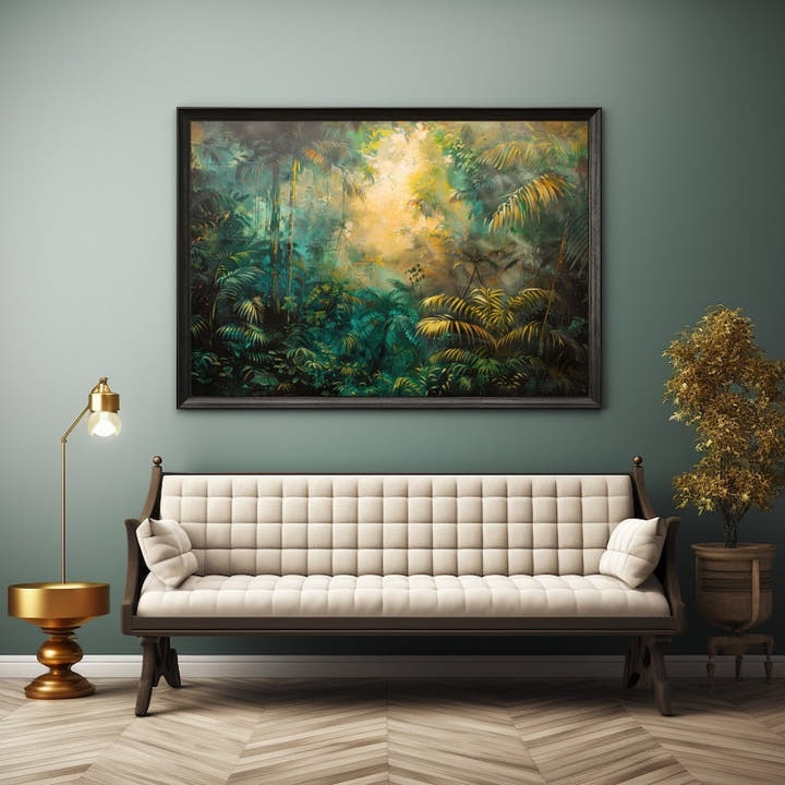 Lush green African jungle painting with golden light clearing