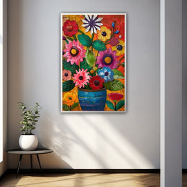 Folk-art bouquet of vivid painterly flowers in a blue spotted pot