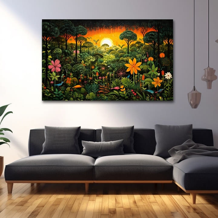 Jungle scene painting of a colourful naive-art jungle at sunset