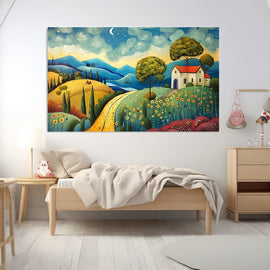 Naive-art landscape of rolling hills, cypress trees and a red-roofed house