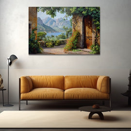 Mediterranean stone archway with bougainvillea opening onto a blue lake and green mountains
