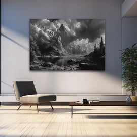 Black and white landscape of stormy mountain peaks above a dark lake