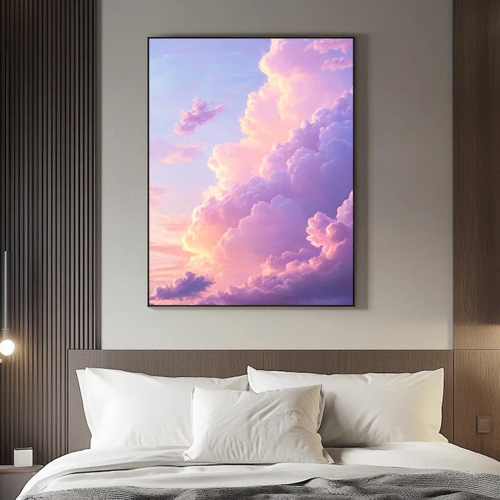 Pink and lilac sunset clouds painting in soft pastel tones