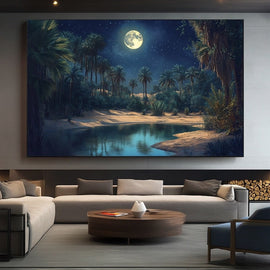Painting of a moonlit desert oasis with a full moon reflected in a lagoon