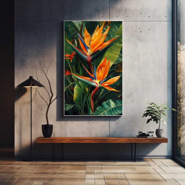 Oil painting of vivid orange bird of paradise flowers against dark green foliage