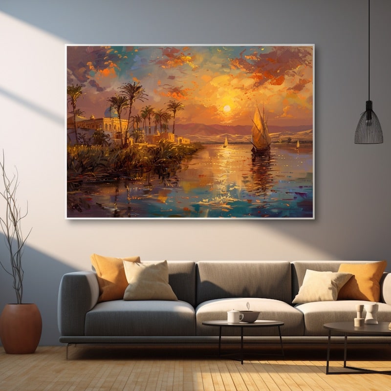 Orientalist sunset over a palm-lined river with a domed palace and feluccas