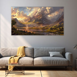 Painted mountain panorama with a waterfall, mirror lake and sunlit golden clouds