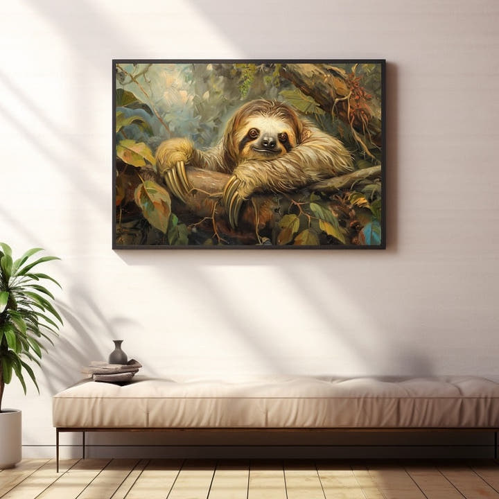 Oil-style painting of a sloth resting on a branch in a golden, sun-dappled jungle
