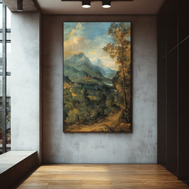 Vintage Old Master landscape with blue mountains, a lake and tall trees in a green valley