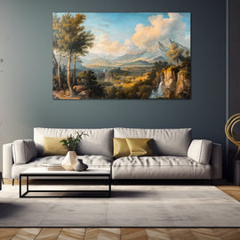 Vintage classical landscape with snow-tipped mountains, a waterfall and golden fields under glowing clouds