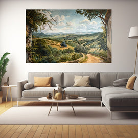 Vintage-style painting of a rolling countryside landscape with olive groves and hills