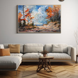 Watercolour autumn woodland with birch trees, rust foliage and birds in a blue sky