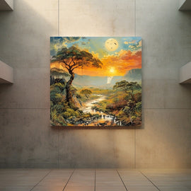 African sunset landscape with waterfall, stream and twisting tree in orange light