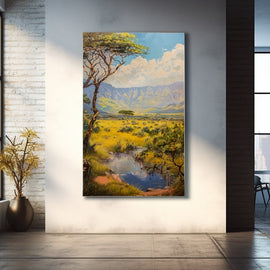 Painting of a green savanna valley with a reflecting pool and towering mountains