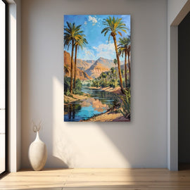 Date palms over a desert oasis stream beneath ochre mountains and a vivid blue sky