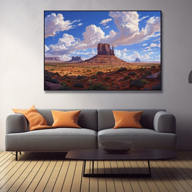 Red sandstone butte under towering clouds in the desert