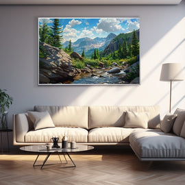 Mountain stream and pine forest below snow-capped peaks
