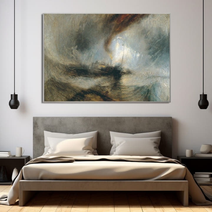 Turner snow storm seascape with a steamboat in a swirling vortex of grey and amber