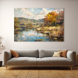 Autumn river landscape with golden oaks and rolling hills under a painterly sky