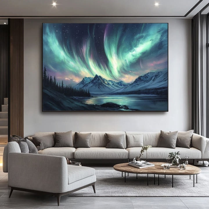 Green and pink aurora over snow-capped peaks and a reflecting lake