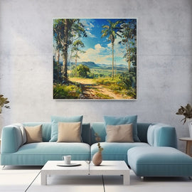 Australian valley landscape painting with eucalyptus, palms and a winding track under a blue sky