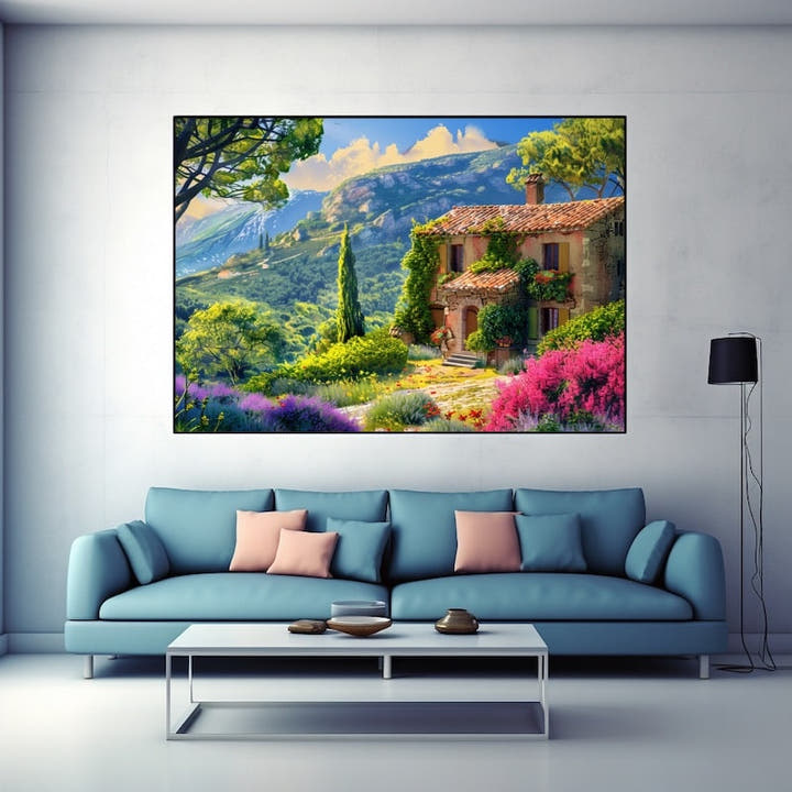 Provencal stone farmhouse on a hillside surrounded by lavender and pink blossom