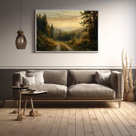 Landscape painting of a winding path through misty wooded hills at golden hour