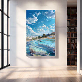 Blue landscape painting of white mineral terraces and turquoise pools under a bright cloudy sky