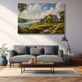 Painting of a Breton stone cottage above a cove with a boat and wildflower meadow