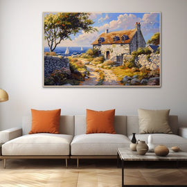 Painting of a stone seaside farmhouse with a flowering hillside and sailing boats