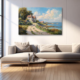 Impressionist painting of a stone cottage and sandy path by a calm blue bay