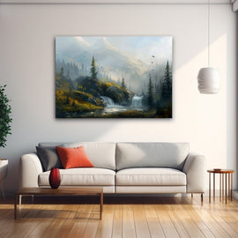Painterly mountain valley with waterfall, pines and misty peaks