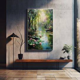 Impressionist painting of a garden pond with pink water lilies and weeping greenery