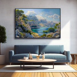 Painting of a turquoise Mediterranean cove framed by limestone cliffs and pines