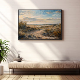 Swamp landscape painting of a sandy path through golden marsh grass at dusk