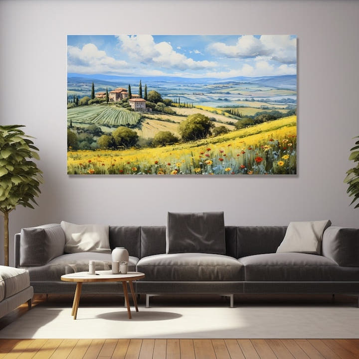Sunlit Tuscan hills with farmhouses and a meadow of wildflowers