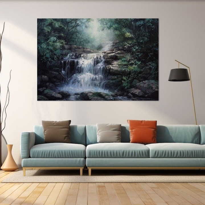 Acrylic painting of a woodland waterfall over dark mossy rocks in a shadowed forest